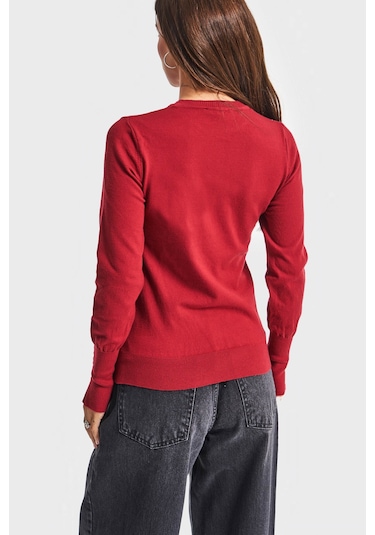 Itsbasic Kadın Bordo Renk W5-35 Örme Triko Kumaş Bisiklet Yaka Kol Aksesuarlı Triko