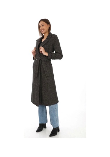 Kadın Astarlı Balık Sırtı Kaşmir Kaşe Kaban - Kahverengi Kahverengi