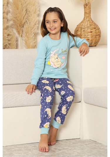 Kız Çocuk %100 Pamuk İnterlok Kumaş Pijama Takımı 6-15 Yaş 12421 Açık Mavi
