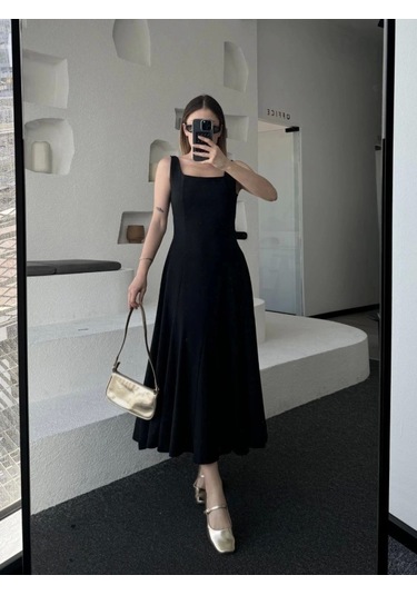 Sırt Dekolteli Kolsuz Uzun Elbise - Siyah Siyah