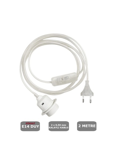 2 Metre Arapuarlı Aç Kapat Anahtar Fişli Abajur Duyu E14 2x0,50 Şeffaf Kablo - Beyaz Duy