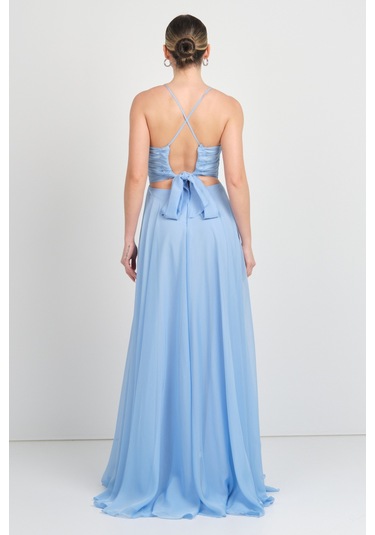 Doridorca Kadın Sırt Dekolteli Fiyonklu Drapeli V Yaka Abiye Elbise 6128 Bebe Mavisi Bebe Mavisi