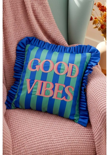Good Vibes Fırfırlı Dekoratif Kırlent Kılıfı Mavi