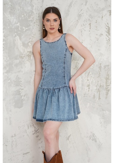 Fırfırlı Denim Kısa Elbise Mavi