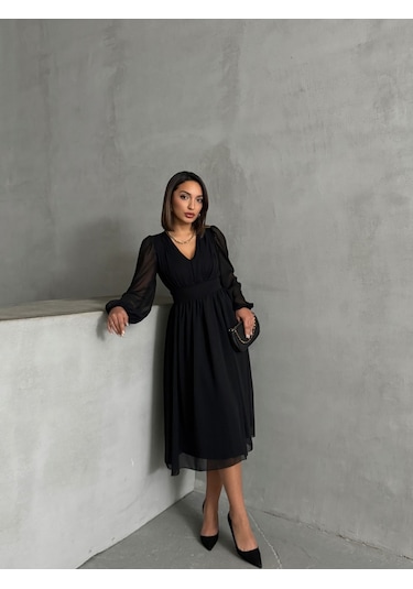 Kadın Arkadan Bağlamalı Şifon Elbise Siyah