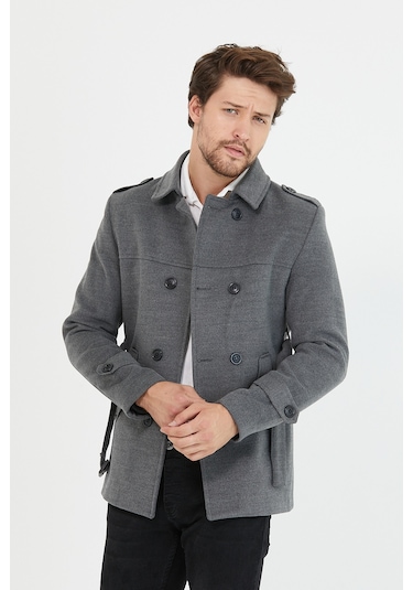 Mero Life Erkek Gri Kemerli Kaşe Kaban Trenç Model Gri