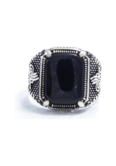 Gümüş Pençe Model Tuğra Desenli Kare Oniks Taşlı Erkek Yüzük