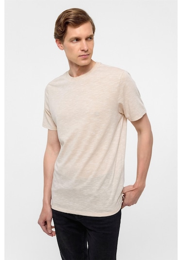 SÜVARİ Ekru Regular Armürlü Bisiklet Yaka Tişört-38303 Ekru