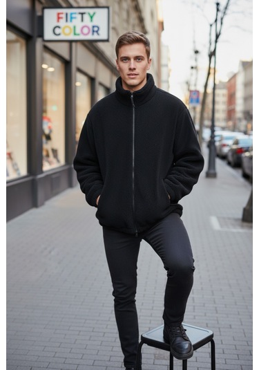 Siyah Premium Kalite Dik Yaka, Fermuarlı, Polarlı, Peluş Ceket Siyah