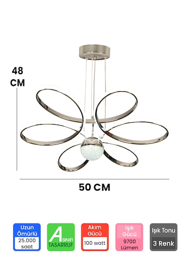 Fuzon Orkide Led Avize Büyük Salon Avize 3 Renk Kumandalı Aviz Gri - Gümüş