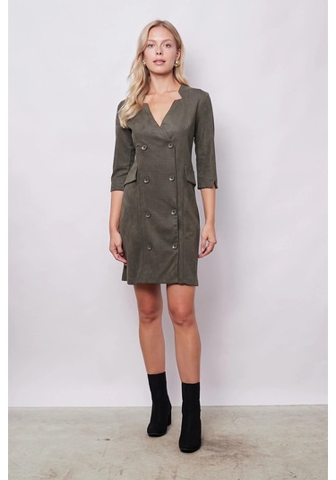 Kadın Kadife Likralı Yumuşak Dokulu Kruvaze Kapri Truvakar Kol Kolu Yırtmaçlı Ofis Ceket Elbise-haki Haki