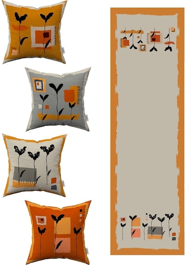 Turuncu Sarı Bohem Yaprak Desenli 4'lü Kırlent Kılıfı 1 Runner Seti 4kmbs138-rs