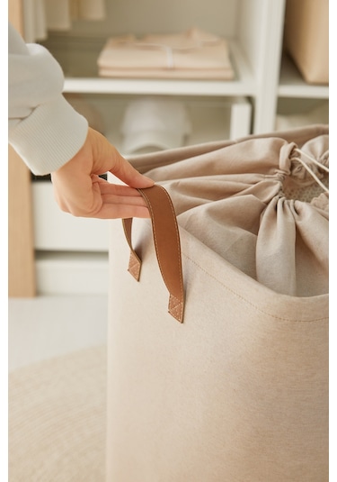 Ocean Home Textile Ağzı Büzgülü Bej Renk Çamaşır Sepeti 36 x 36 x 57 cm