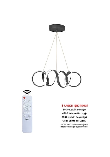 Ransom Kumandalı Dimmerli Kıvrım Ledli Avize Siyah Kasa Siyah