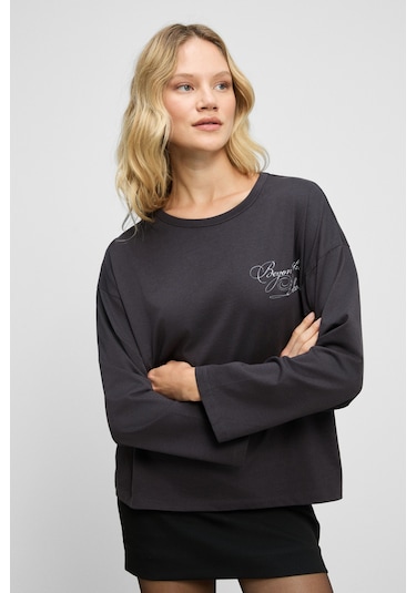 Grımelange Dazulu Kadın Yumuşak Kumaşlı Baskılı Uzun Kollu Antrasit T-shirt Antrasit