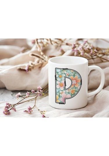 P Harfli Pastel Çiçek Desenli Kahve Kupası - Kişiye Özel Çiçekler Koleksiyonu Bardak - Hediye Beyaz