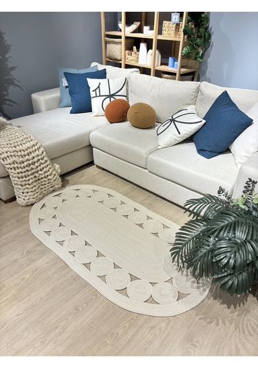 Krem Jüt Hasırlı El Örgüsü Kilim Beyaz