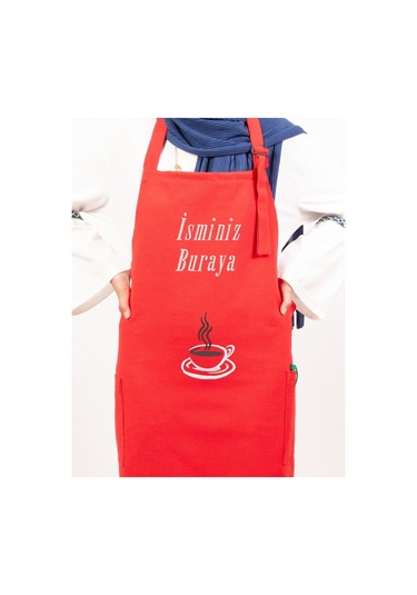 Mutfak Önlüğü Kişiye Ve İsme Özel Nakışlı Mutfak Önlüğü Fincan 02 Farklı Renkler Kırmızı