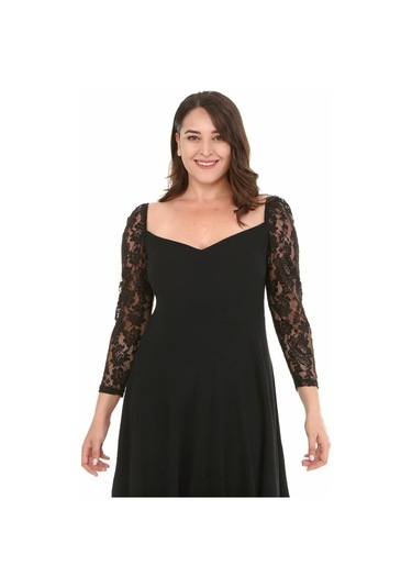 Kare Yaka Kolları Dantelli Elbise-1480 Siyah