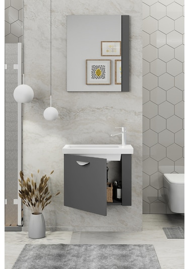 Biani Fix Maxila 60 Cm Seramik Lavabolu, Aynalı, Banyo Dolabı, Lavabo Dahil, Mdf,Mat Gri Biani Fix Maxila 60 Cm Seramik Lavabolu, Aynalı, Banyo Dolabı, Lavabo Dahil, Mdf,Mat Gri
