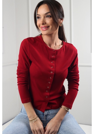By Saygı Kadın Buzzy Boydan Çıtçıtlı Likralı Bluz Bordo