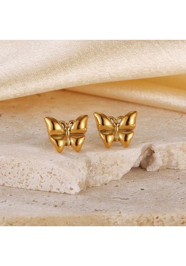 Sones Opk Ge942 1 Çift Vintage Temperament Paslanmaz Çelik Stereo Kelebek Küpe Altın