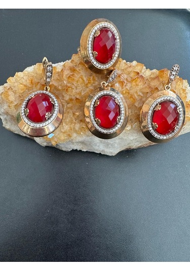 Aysesa Altın Görünümlü Yakut Zirkon Kadın Gümüş Set 2küpe+kolye+yüzük