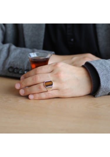 Flat Tasarım Kaplan Gözü Taşlı 925 Ayar Gümüş Erkek Yüzük (457819398)