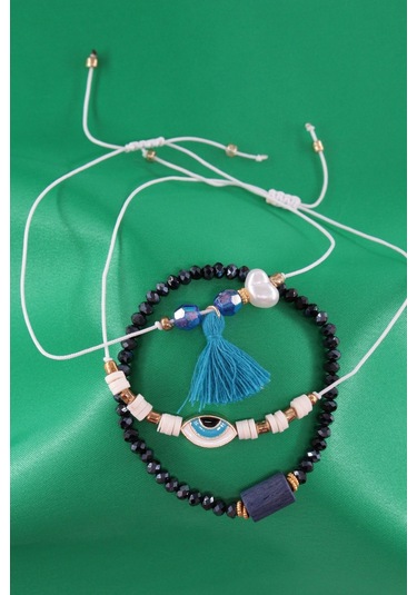 3lü Püsküllü İncili Nazar Boncuklu Asansörlü Bileklik. Lastikli Boncuklu Bileklik. Kadın İp Bileklik Çok Renkli