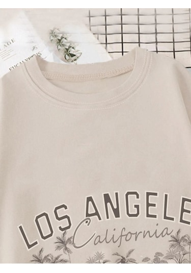 Altamira Unisex Bej Los Angeles Baskılı Oversize T-shirt 001