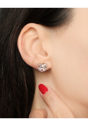 Lekka Design Kadın Kararmaz Çelik Lüks Takı Zirkon Taşlı Yoncalı Yuvarlak Abiye Küpe Altın