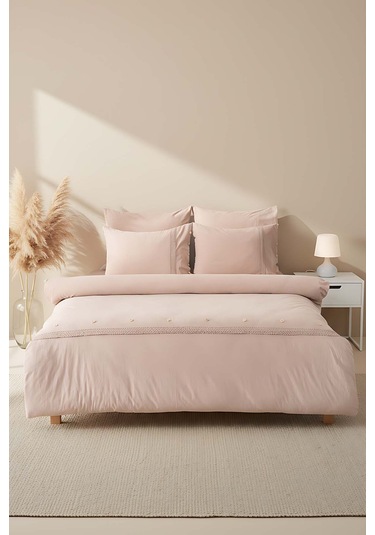 Grace Vizon Güpürlü Çift Kişilik %100 Pamuklu Nevresim Seti - 6 Parça Çeyiz Seti Vizon