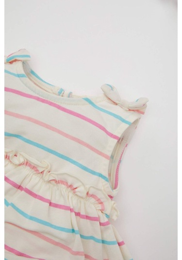 DeFacto Kız Bebek Yenidoğan Çizgili Penye Kolsuz Tulum Elbise C9583A524HSER105 Ekru