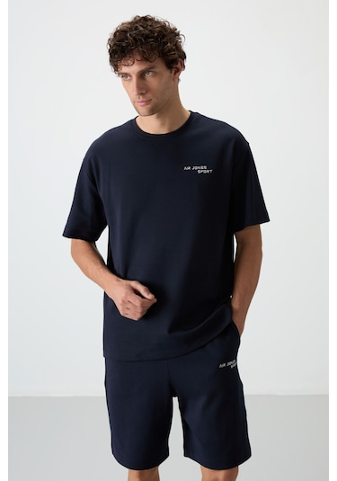 Lacivert Pamuklu Kalın Yumuşak Dokulu Oversize Fit Nakışlı Erkek Şort Takım - 85250