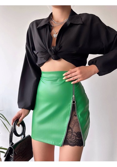 Dantelli Fermuarlı Deri Etek Yeşil W24598 Yeşil