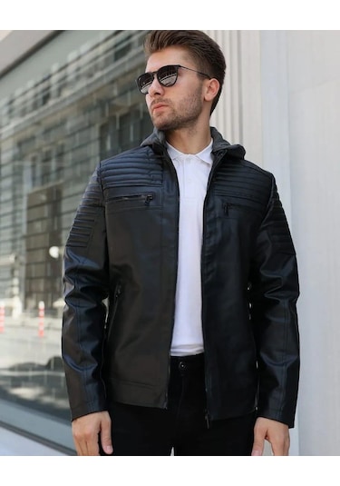 Erkek Kapüşonlu Siyah Deri Mont 001
