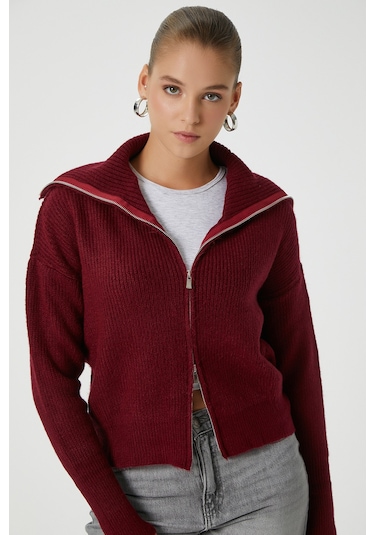 Ritnice Kadın Woody Grade Bordo Çift Taraf Fermuarlı Polo Triko Hırka Bordo