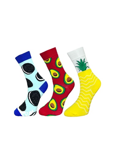 3'lü Unısex Kurabiye, Avokado Ve Ananas Tasarımlı Esnek Nem Alabilen Pamuklu Spor Soket Çoraplar Çok Renkli