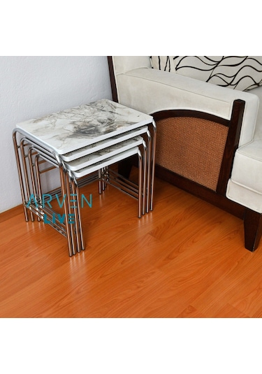 Renk Renk Mermer Desenli Parlak Mikelaj Ayaklı 4'Lü Zigon Sehpa (467864165)