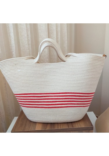 Yazlık Pamuk Dokuma Kadın Omuz Çantası, Plaj Çantası Bej - Kırmızı