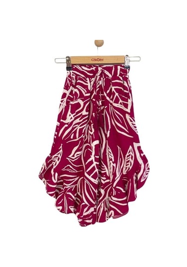 Kız Çocuk Beli Lastikli Desenli Pantolon Bluz Takım-13948 Fuşya