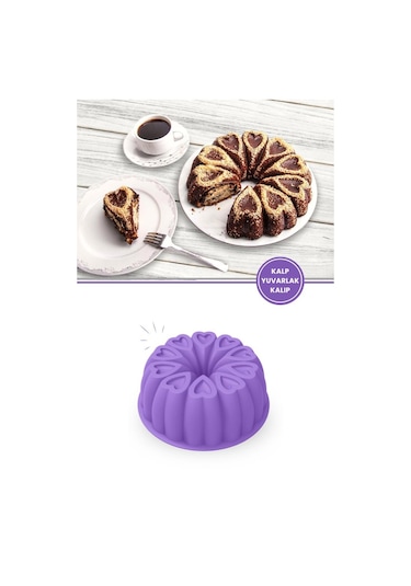 Kalp Desenli Yuvarlak Silikon Kek Kalıbı 23 Cm Lila