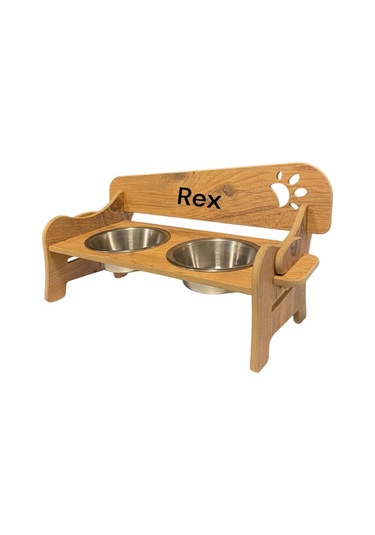 Realwood Ahşap Kademeli Eğimli Çelik Kaseli Kedi Köpek Mama Su Kabı 400 ML