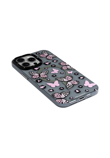 İphone 15 Pro Uyumlu Kılıf Magsafe Özellikli Kelebek Desenli Youngkit Shadow Dance Serisi Pembe