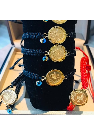 Çeyrek Reşat Altın Bileklik 14K Nazarboncuk (Siyah Ip) Sarı Altın