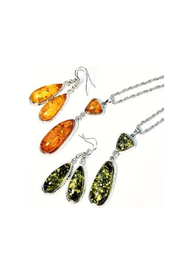 Tongdashop Vintage Kehribar Kolye Ve Küpe Seti Turuncu Doğal Taş Bohem Aksesuar