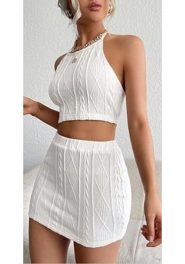 Defymoda Kadın Sıfır Kol Crop Mini Etek Ikili Triko Takım Beyaz