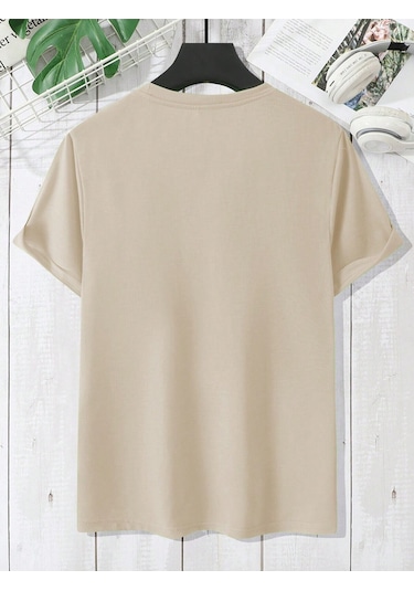 Üçgen Dağ T-shirt - Bej Baskılı Oversize Bisiklet Yaka Kısa Kol Tişört Bej