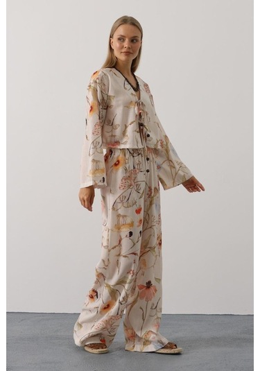 Çiçek Desen Önü Bağlamalı Pantolon Takım - Taş Altın