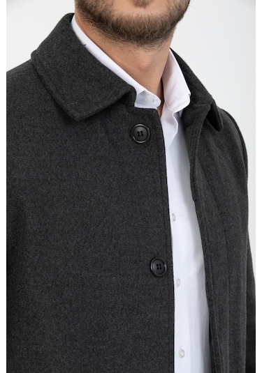 Erkek Antrasit Dar Kesim Uzun Kaşe Gömlek Yaka Palto & Kaban Antrasit